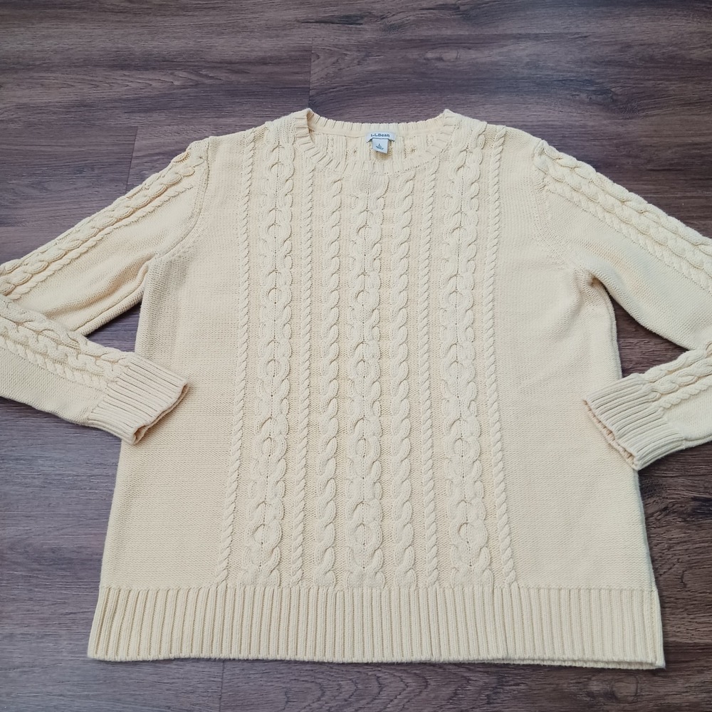 LL Bean Womens Cable Knit Cotton Sweater Pale Yellow Crew Neck Pullover 298839 L